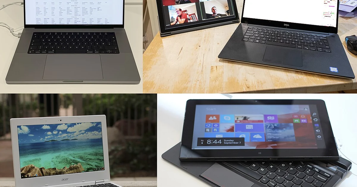 Photocollage of various modern (circa 2014 and newer) laptop computersClockwise from top: Microsoft Surface Pro (left, 2019) and Dell XPS 15 (right, 2018); Acer Chromebook 11 (2014); Lenovo ThinkPad Helix (2014); MacBook Pro 16 (2021)