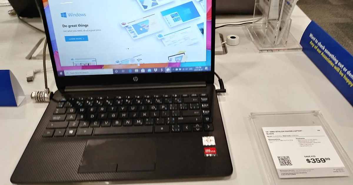 An HP laptop on display for sale at a Best Buy store in Edmonton, Alberta, Canada in 2020.